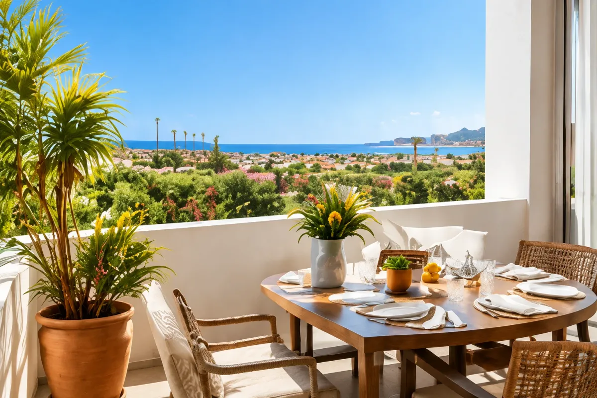 Zonnig balkon van Casa Paradise 515 met gedekte tafel, palmboom en uitzicht op de kust