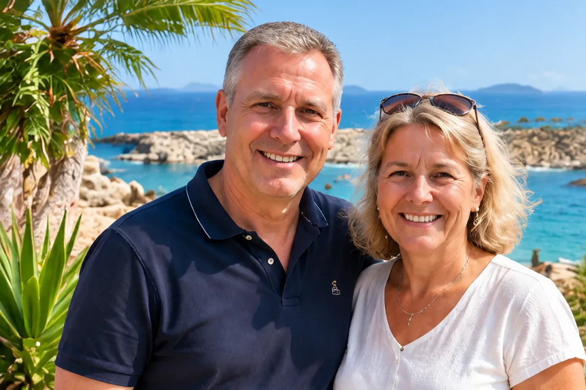 Linda en Emiel, jullie gastheer en gastvrouw, lachend aan de kust van de Costa Blanca